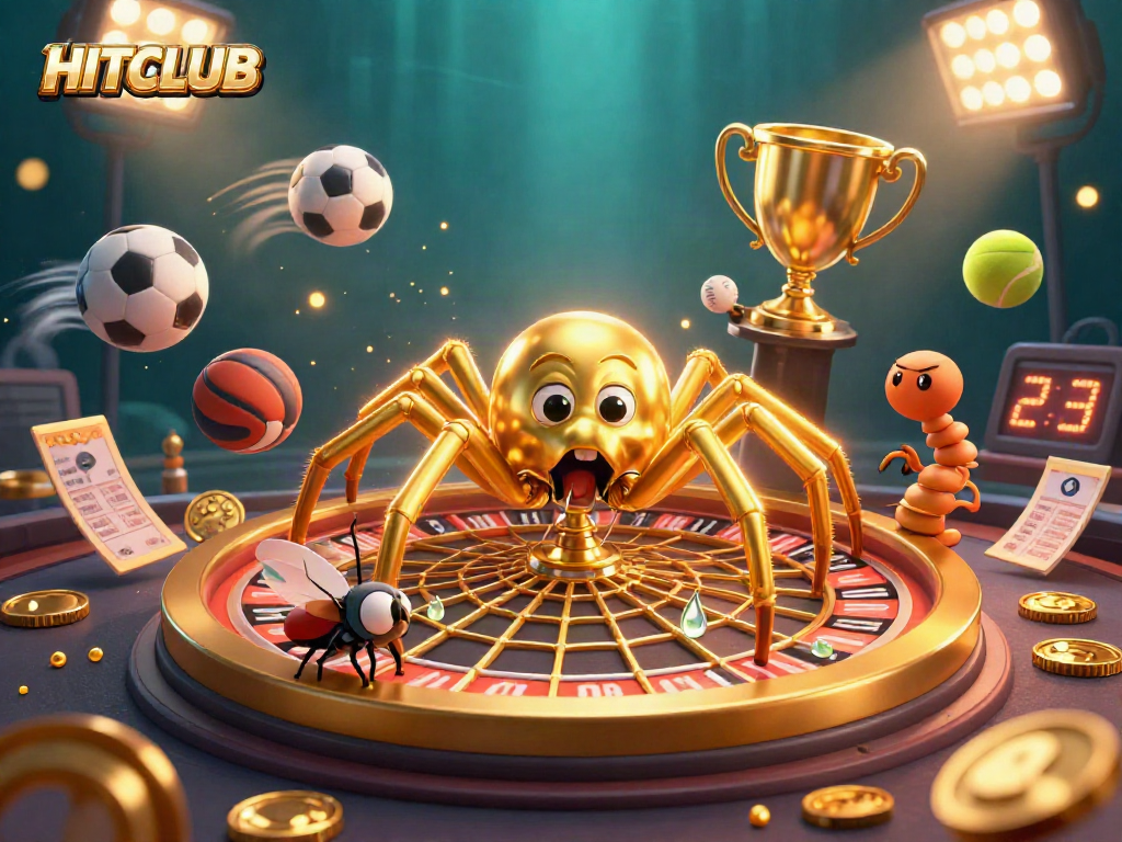 A dynamic illustration of HITCLUB featuring a spider croupier, betting elements, and vibrant sports action.