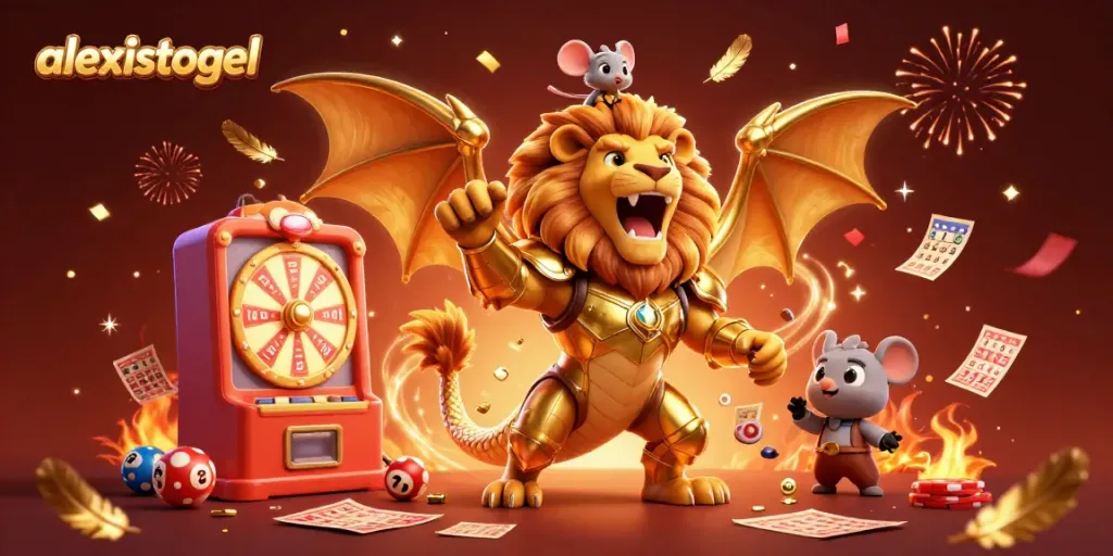 Gambarkan keseruan bermain togel di alexistogel dengan mesin lotre dan kartu bingo berwarna-warni.