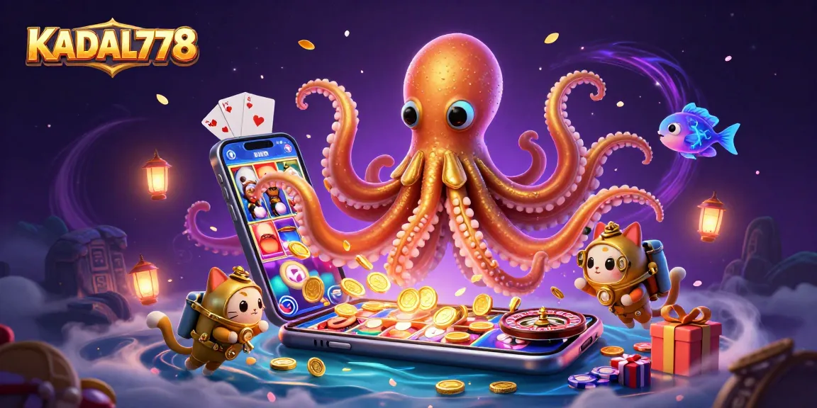 KADAL778 showcases a vibrant casino scene with a kraken, diving cat, and bright slot games.
