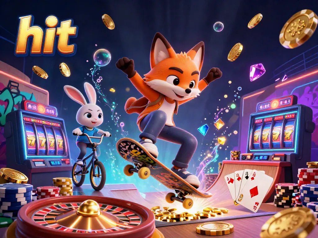 Engaging scene of a hit cartoon fox skateboarder performing tricks in a vibrant casino setting with gold chips.