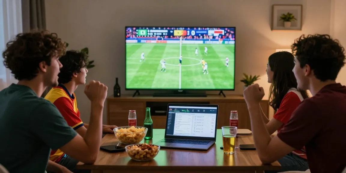 Excited friends enjoying a mix parlay betting experience during World Cup.