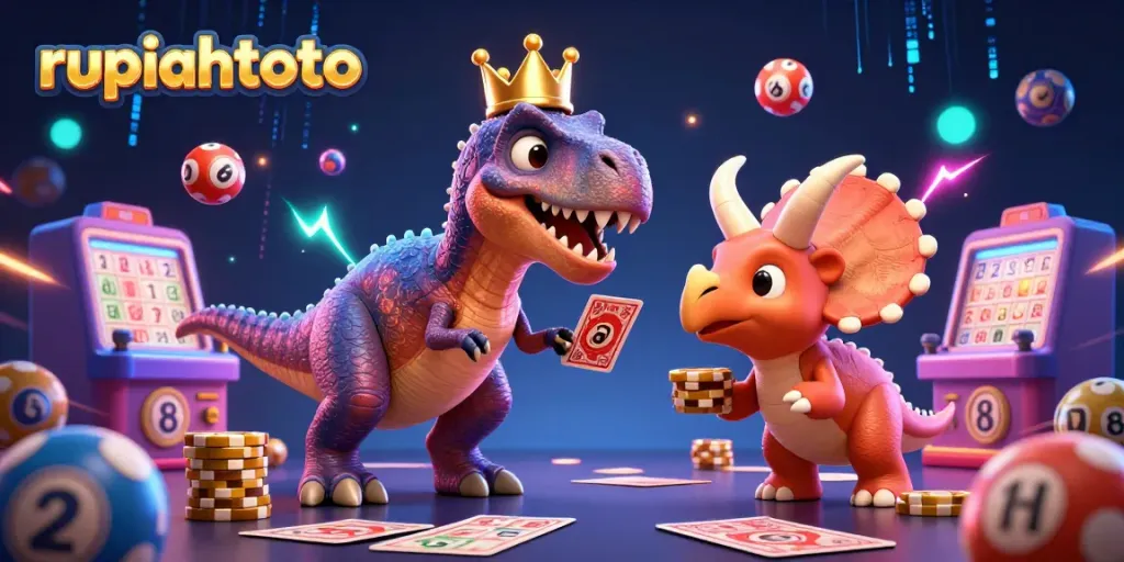 Rupiahtoto menampilkan T-Rex lucu menghitung kartu dan triceratops menumpuk chip emas dalam ilustrasi menarik.