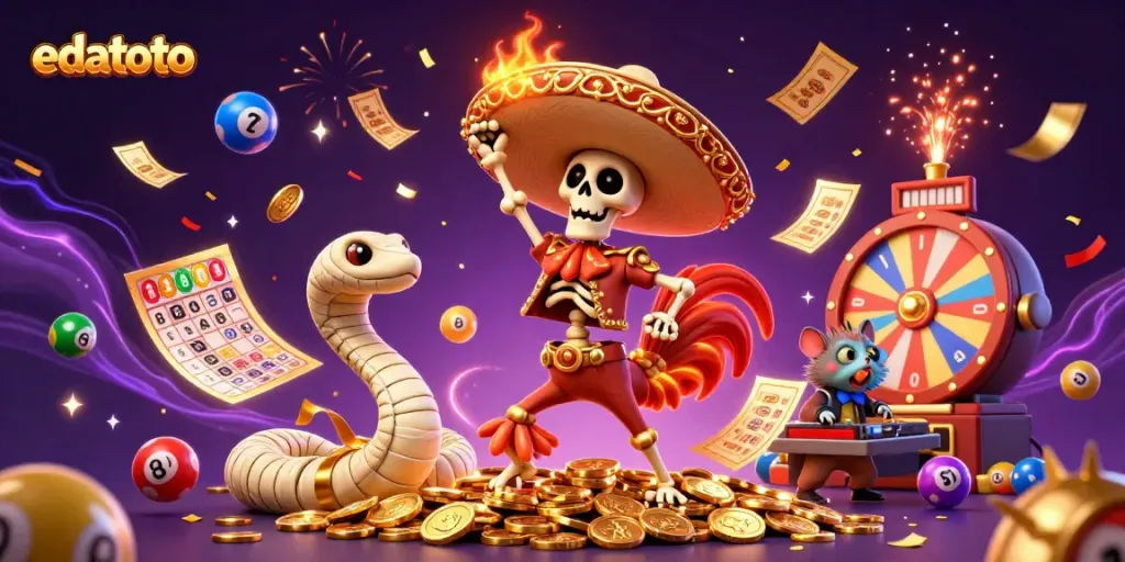 Watch edatoto's exciting wins as animated characters celebrate with lottery elements and golden coins.