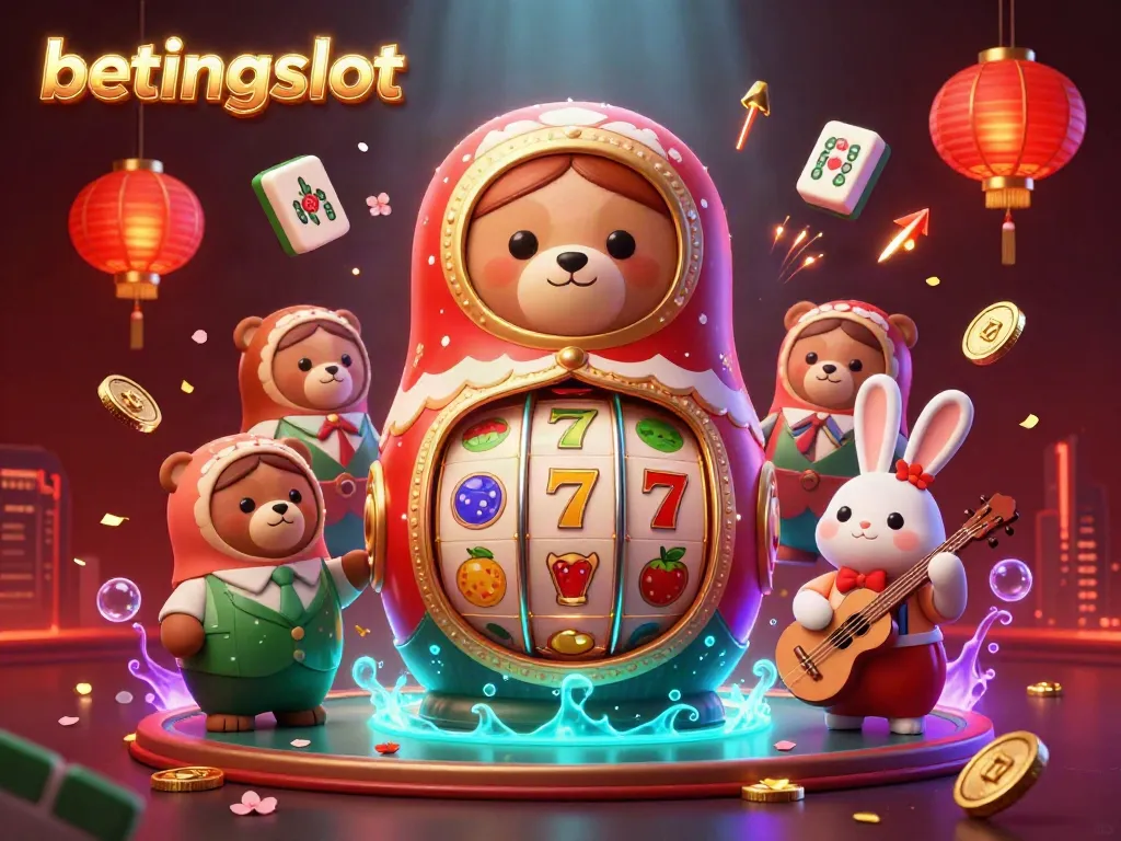 Taruhan seru di betingslot: ilustasi penuh warna dengan elemen kasino dan karakter unik.
