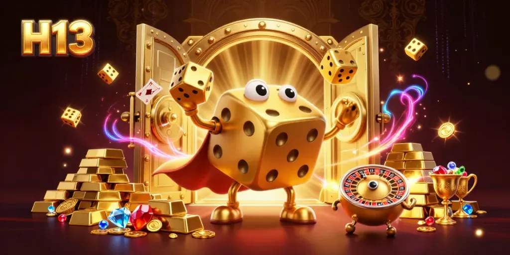Experience the thrills of H13 gaming with a lively scene featuring golden dice, treasure, and casino excitement.