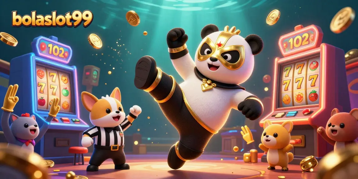 Bolaslot99 showcases a vibrant casino scene with a panda wrestler and cheering animal fans.