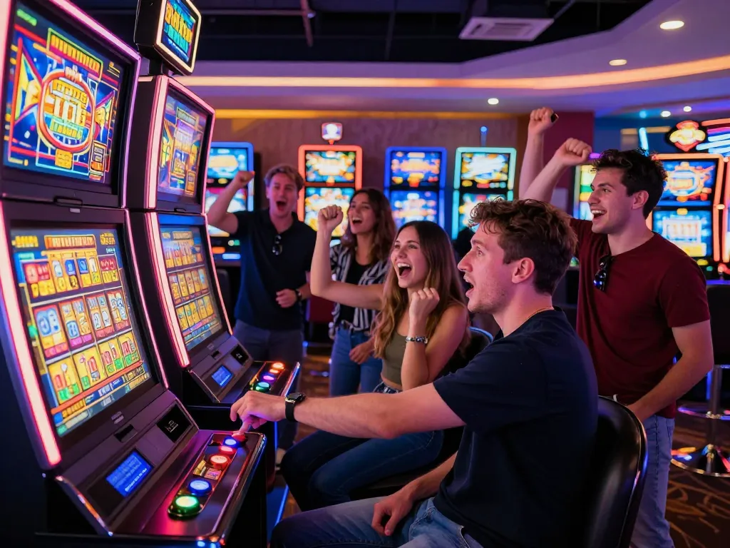 Engaging players at OKESLOT celebrate in a vibrant slot machine area with dynamic action