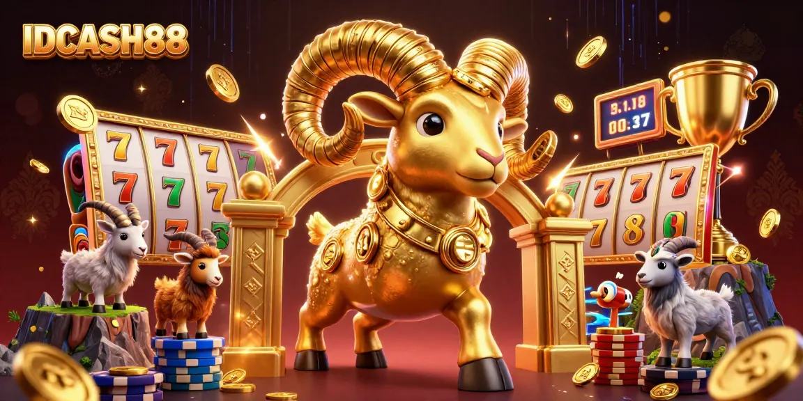 Experience the excitement of IDCASH88 with gaming elements and a dynamic golden ram illustration.