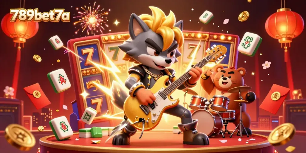 Engage in thrilling casino action with 789bet7a's rock star-themed illustration featuring lucky symbols.