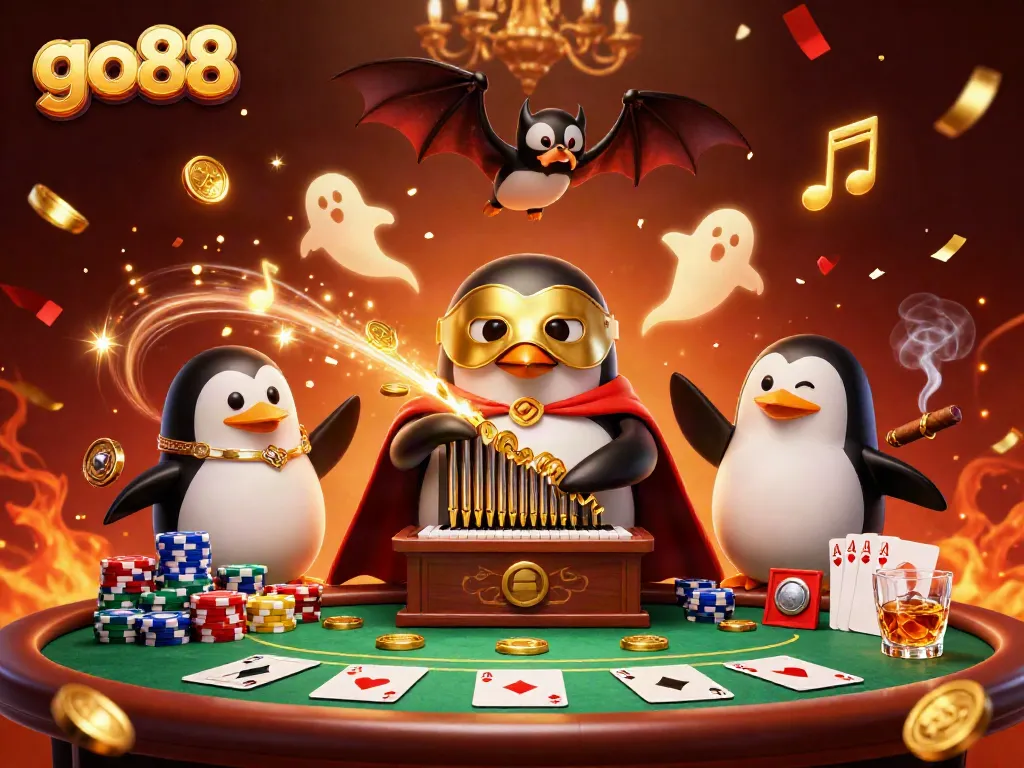 Experience thrilling gameplay with go88 as the penguin organist generates golden coins at a lively casino.