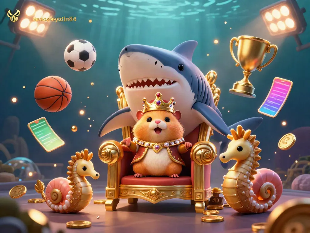Engage in thrilling gambling at nhacaiuytin84 with a golden hamster king surrounded by dynamic sports elements in a vibrant underwater casino.