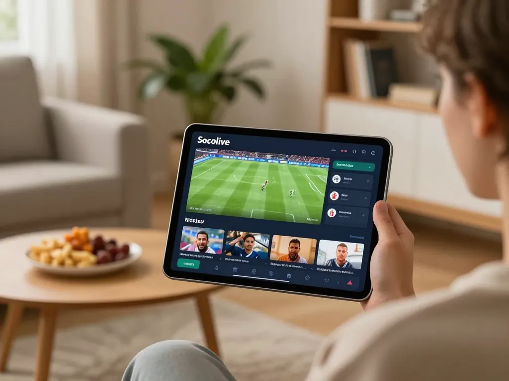 Watching Socolive trực tiếp sports streaming on a tablet in a cozy home setup.