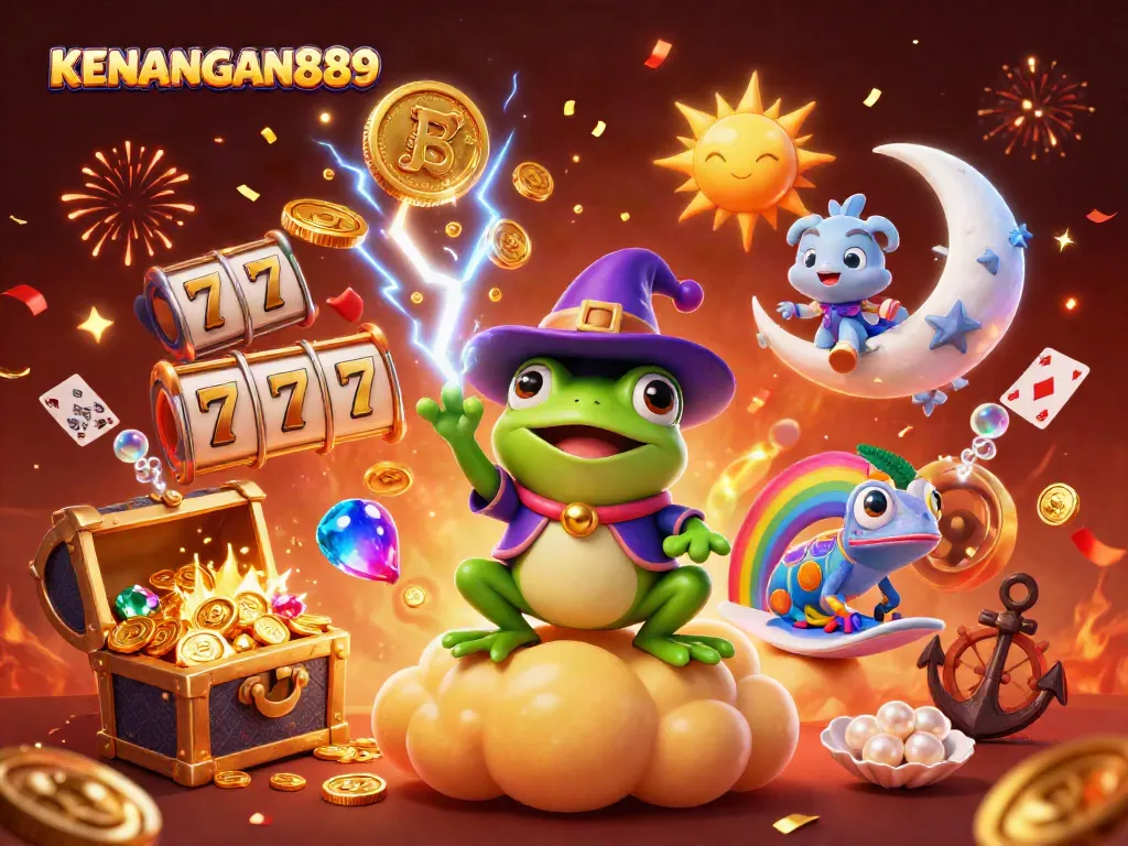 Experience the thrill of winning at KENANGAN889 with a magical illustration of a wizard frog and chameleon amidst golden coins.
