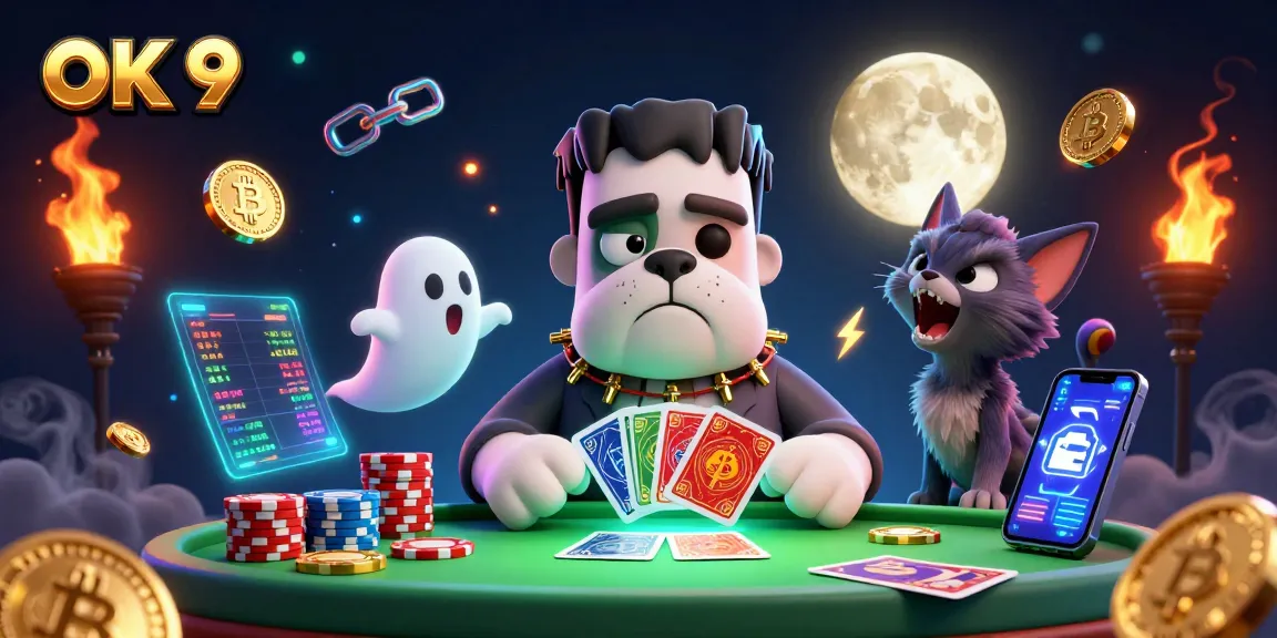 Engaging OK 9 gaming scene with a Frankenstein bulldog, ghost mouse, and werewolf kitten in a vibrant casino setting.