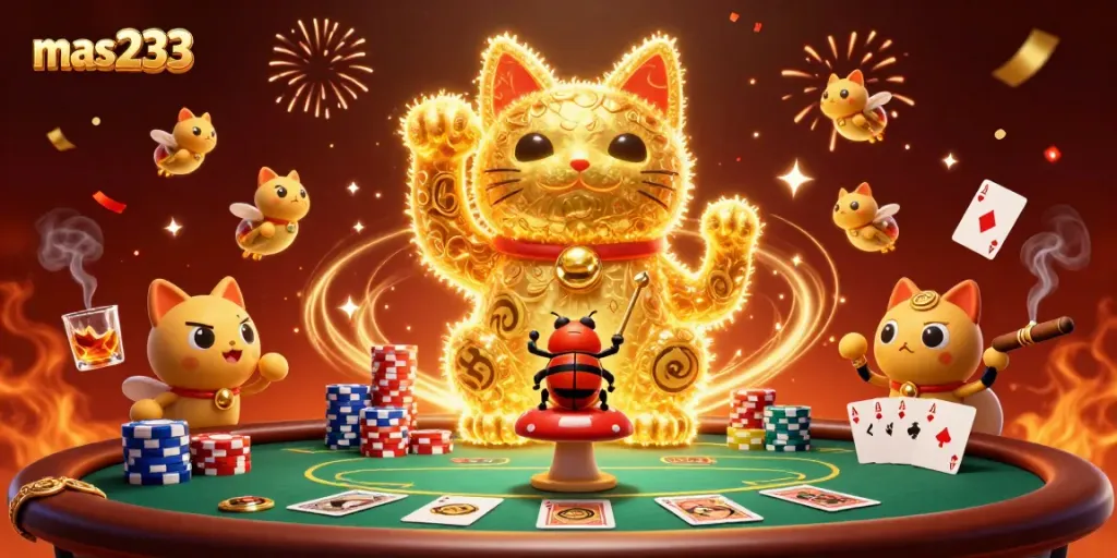 Gambarkan mas233 saat bermain poker dengan suasana ceria, kucing keberuntungan dan cahaya magis.