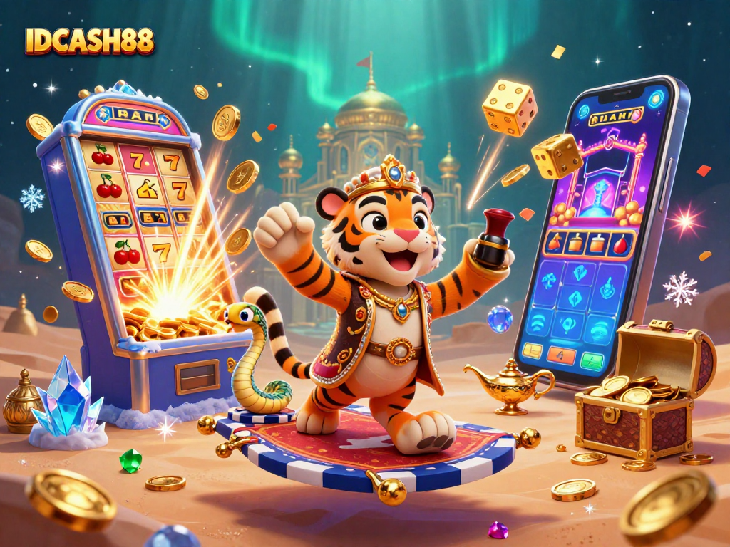 Experience the thrill of winning at IDCASH88 with a vibrant 3D illustration of a cartoon sultan and captivating gaming elements.