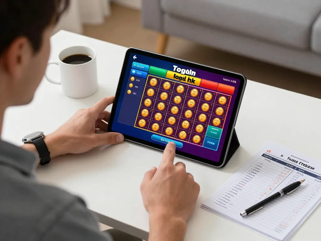 Engaging user on tablet for togel hk online betting with coffee and strategy notes
