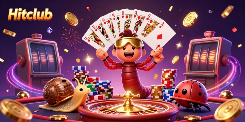 Experience the excitement at Hitclub with a vibrant casino illustration featuring dynamic characters and game elements.