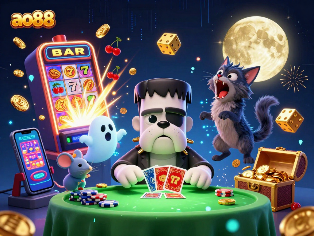 Engage with ao88's vibrant casino scene featuring a fun 3D bulldog dealer amidst glittering jackpots.