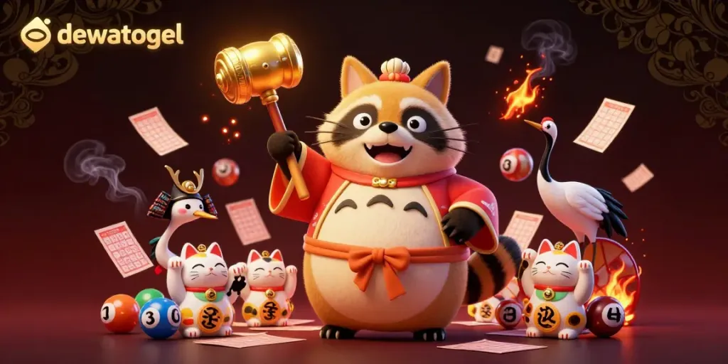 Menangkan kesempatan di Dewatogel dengan karakter kucing keberuntungan dan elemen togel dalam ilustrasi