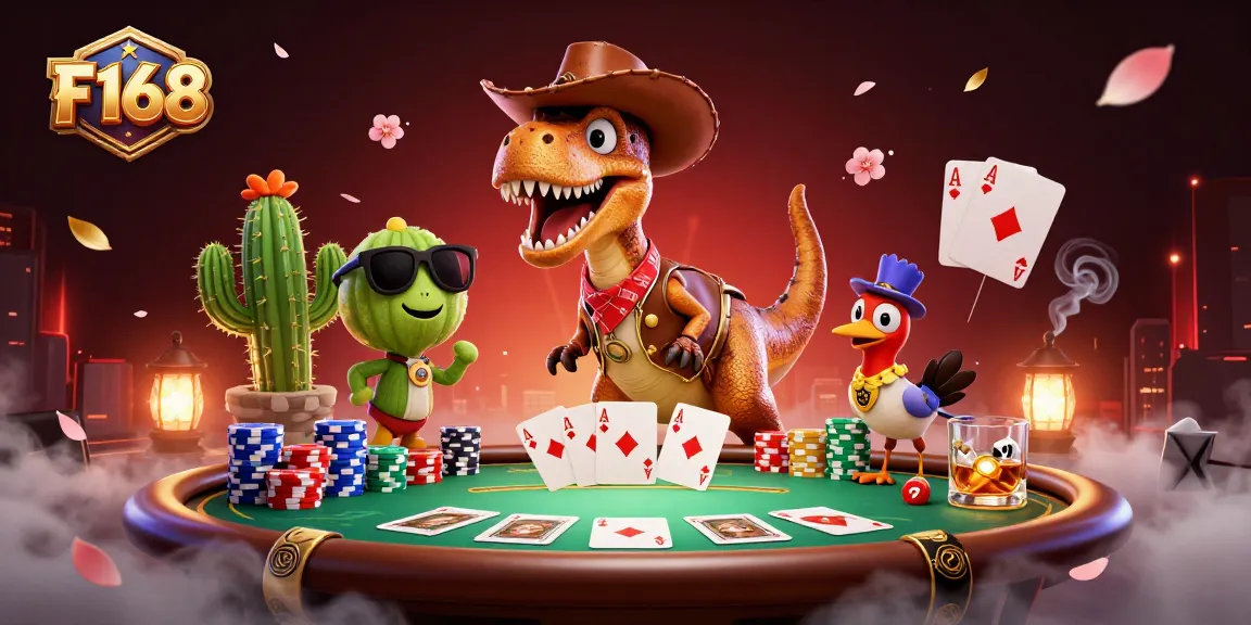 F168 players enjoy a lively poker game with colorful chips and a fun T-Rex setting.