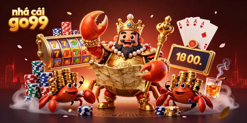 Experience the excitement at nhà cái go99 with a vibrant casino scene featuring a golden crab emperor and rich gaming elements.