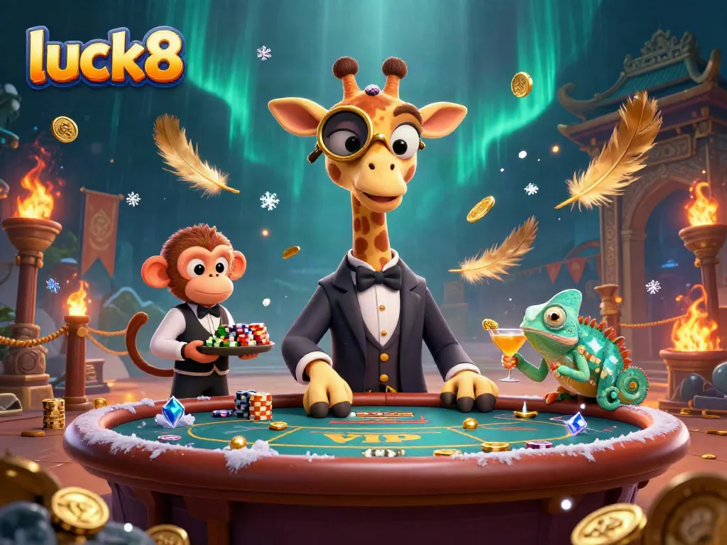 Experience a high-stakes gaming scene with luck8 as a giraffe in a tuxedo plays poker with lively companions.
