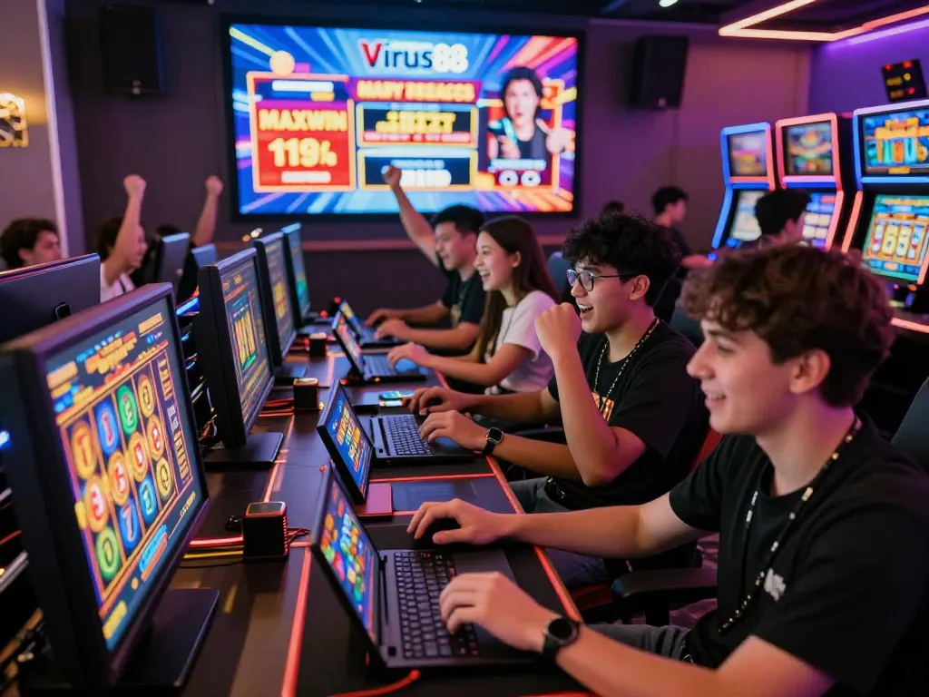 Suasana permainan yang menarik menampilkan pemain yang menikmati pengalaman mereka dengan slot online Virus88 dalam suasana yang hidup dan berbasis komunitas.