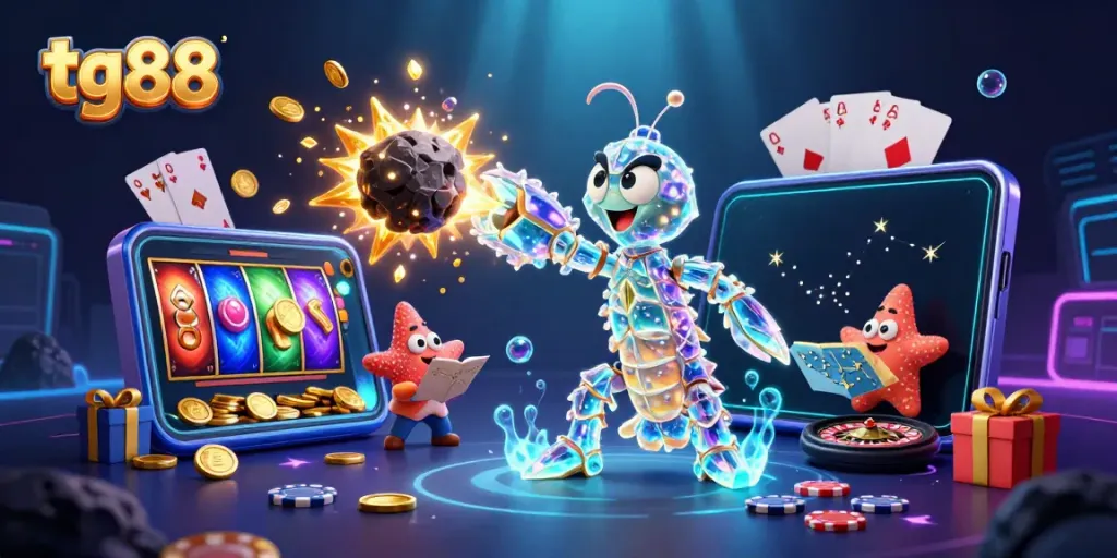 Experience thrilling gameplay with tg88's vibrant casino characters bursting with golden coins and dynamic slot elements.