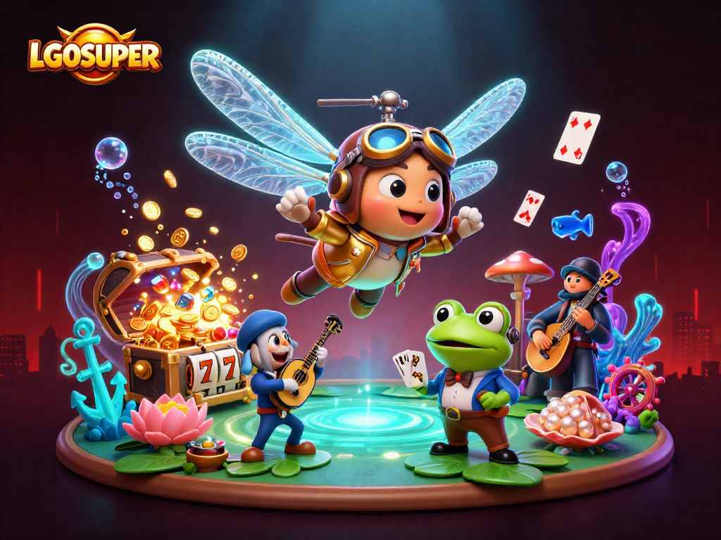Experience LGOSUPER thrills as the dragonfly pilot zooms over a vibrant lily pad casino scene.