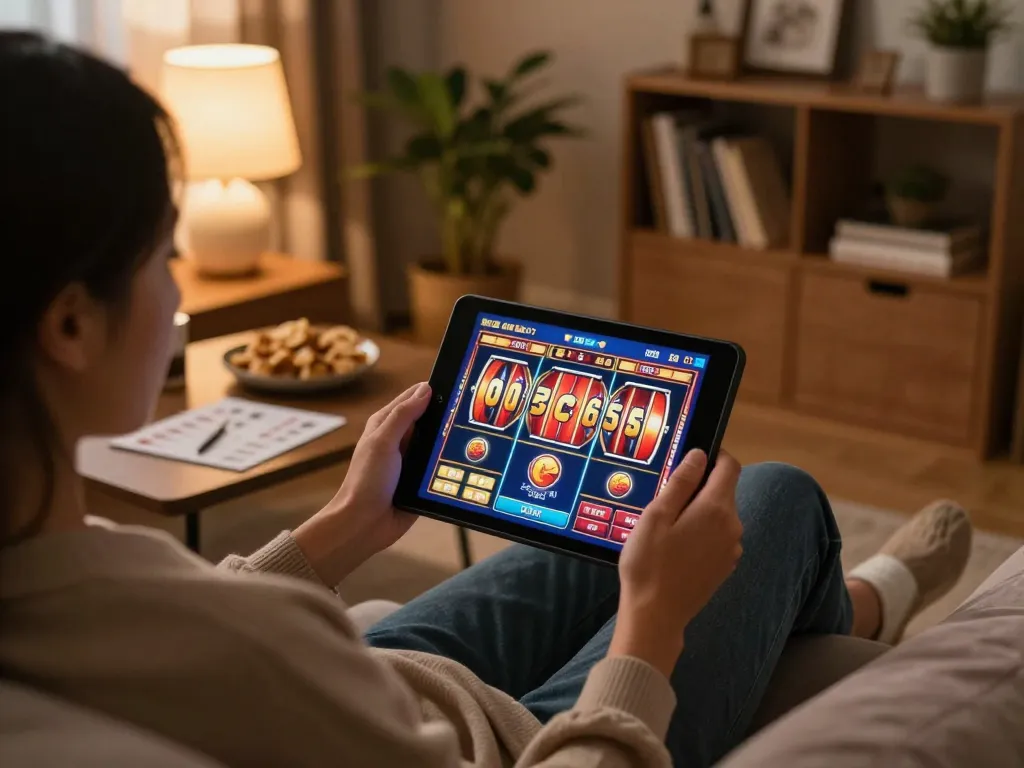 Engaging in online slot gaming on a tablet, showcasing vibrant reel action and strategic notes.