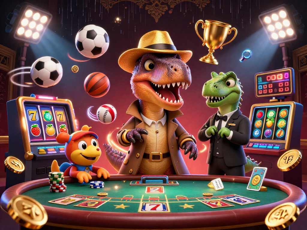 LGOACE showcases a colorful casino scene with a card-counting velociraptor and playful elements.