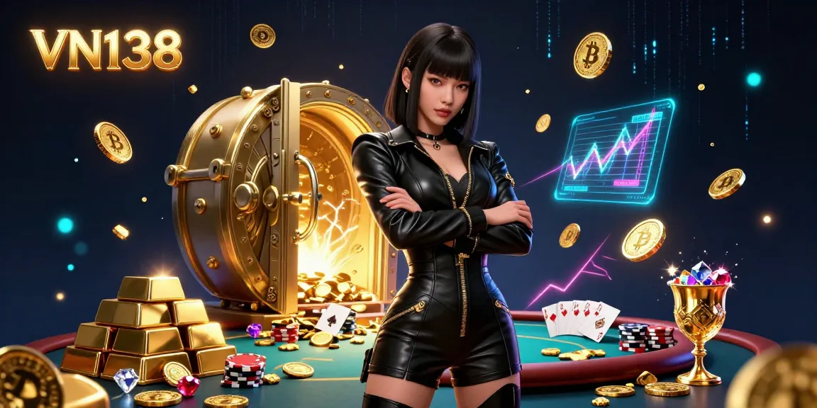 Engage in thrilling poker games at VN138 Casino, highlighted by rich gold elements and an elegant Asian dealer.