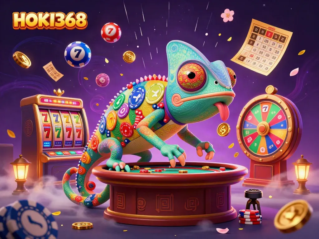 Experience the excitement of HOKI368 with a colorful casino scene featuring dynamic elements and a vibrant chameleon character.
