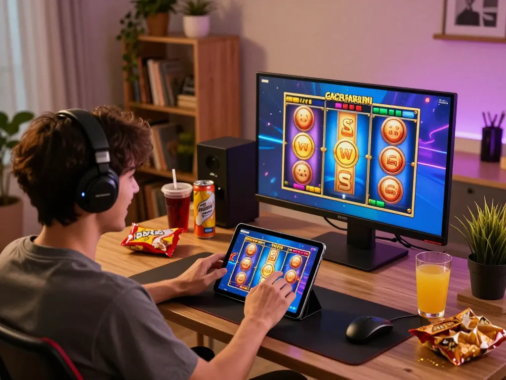 Playing slot gacor hari ini on a tablet in a cozy home setup with snacks and vibrant lighting