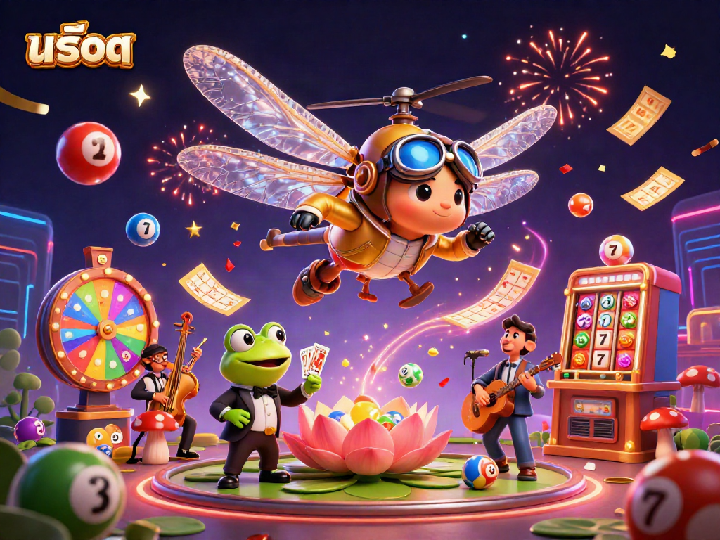 Exciting slots scene featuring the dragonfly pilot, frog croupier, and cricket musicians, engaging with colorful balls and dynamic prizes.