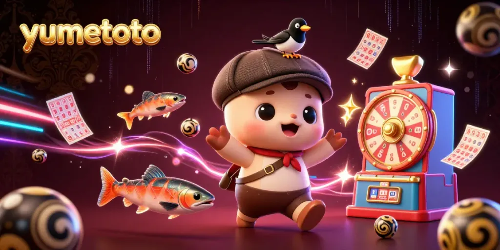 Engage with the yumetoto platform featuring playful cartoon characters and dynamic lottery elements in an exciting illustration.