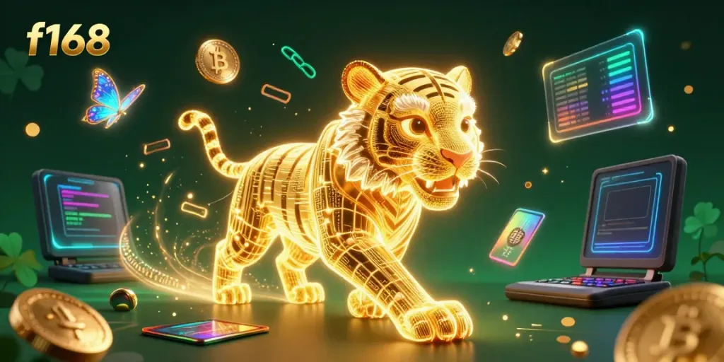 Experience the thrilling world of f168's dynamic casino with a neon tiger and crypto visuals.