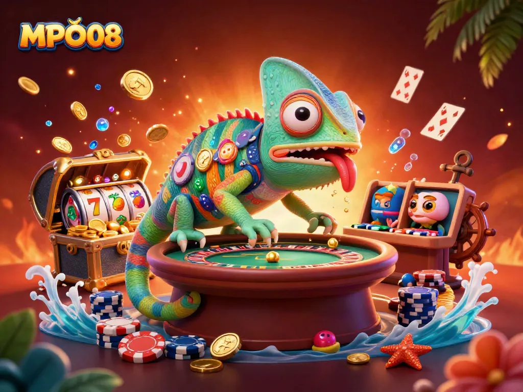 MPO08 casino scene packed with gaming elements showcasing vibrant chameleon character and slot reels.