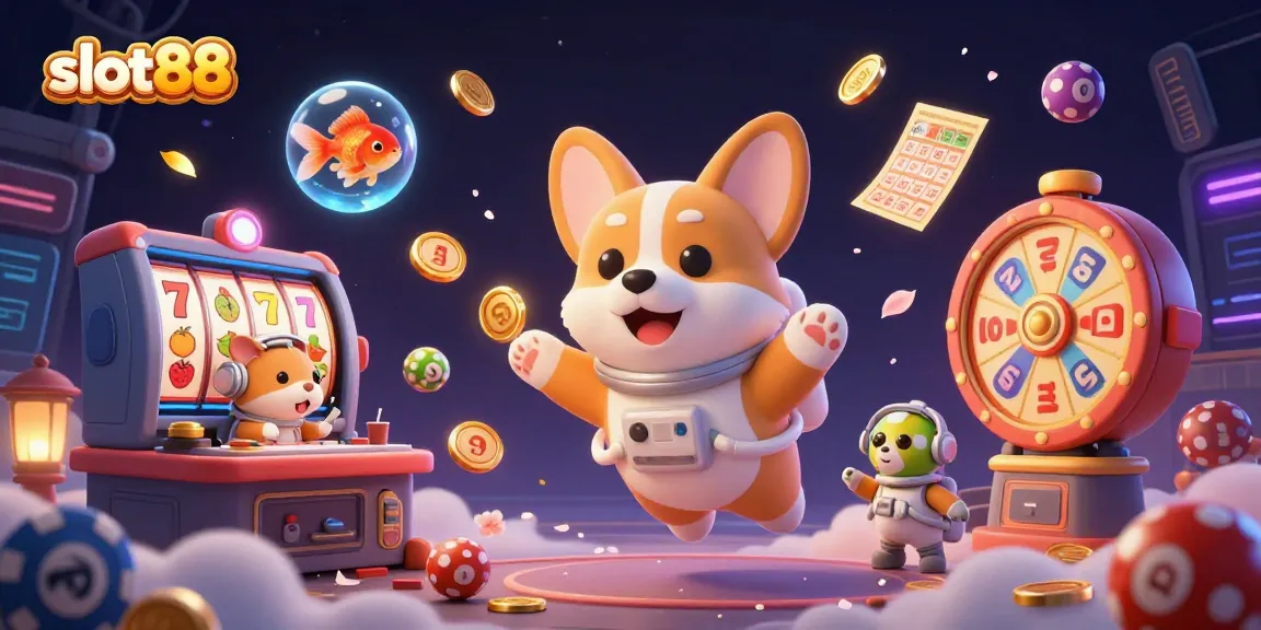 Experience the thrill of slot88 with a bustling space casino scene filled with animated characters and vibrant game elements.