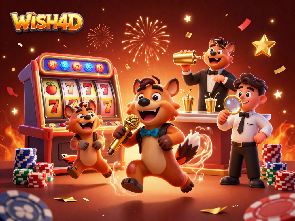 Experience the thrill of WISH4D at a comedy casino club with vibrant characters and dynamic gambling elements.