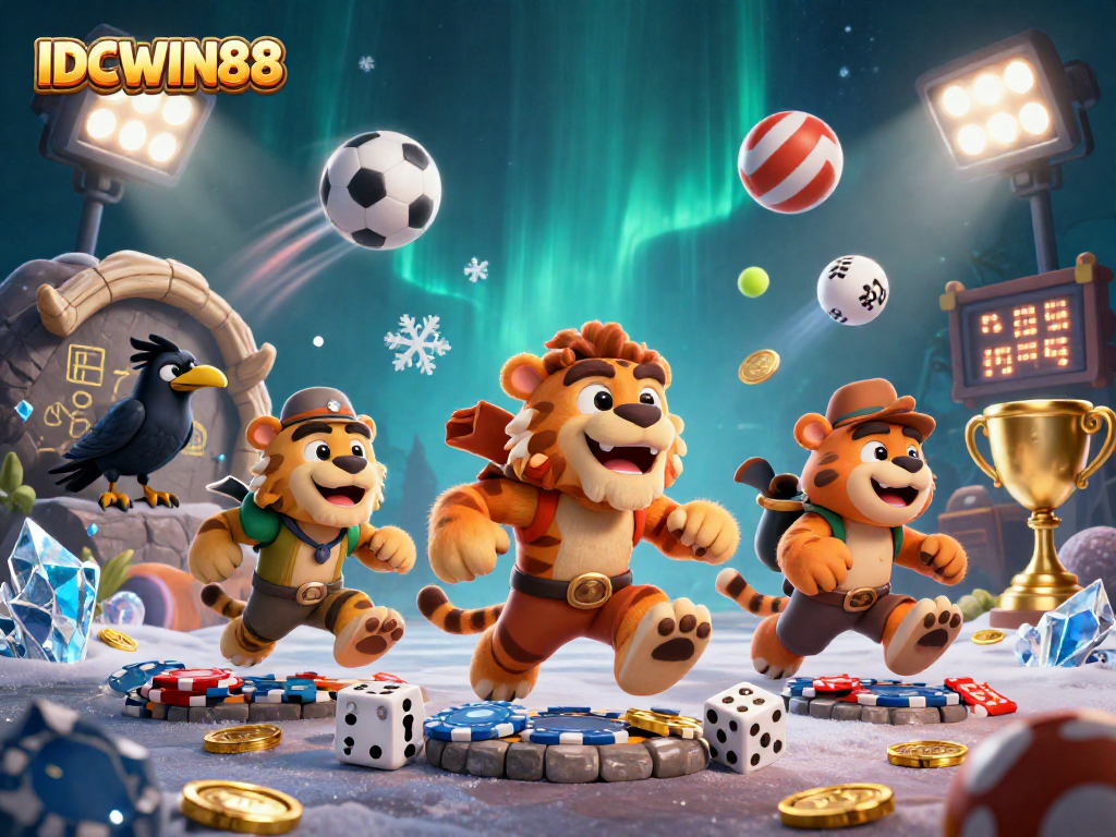 Experience thrilling wins at IDCWIN88 with engaging games and dynamic sports activities in this vibrant casino illustration.
