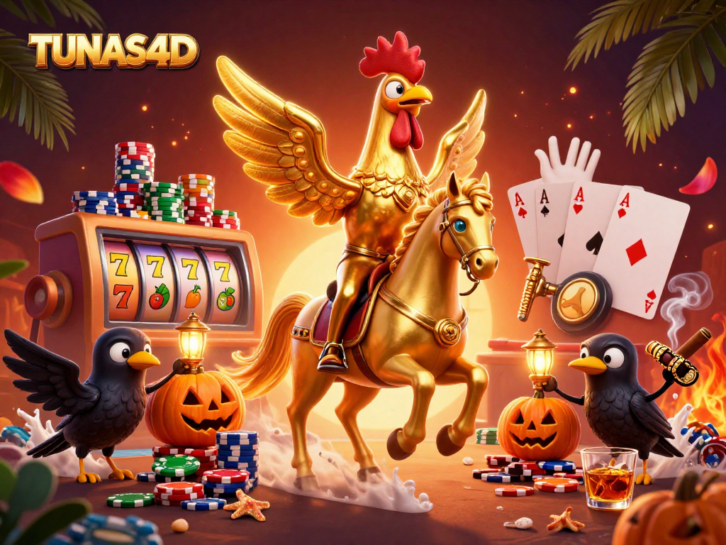 TUNAS4D illuminates winning moments at a lively casino, showcasing epic gaming action with vibrant characters.