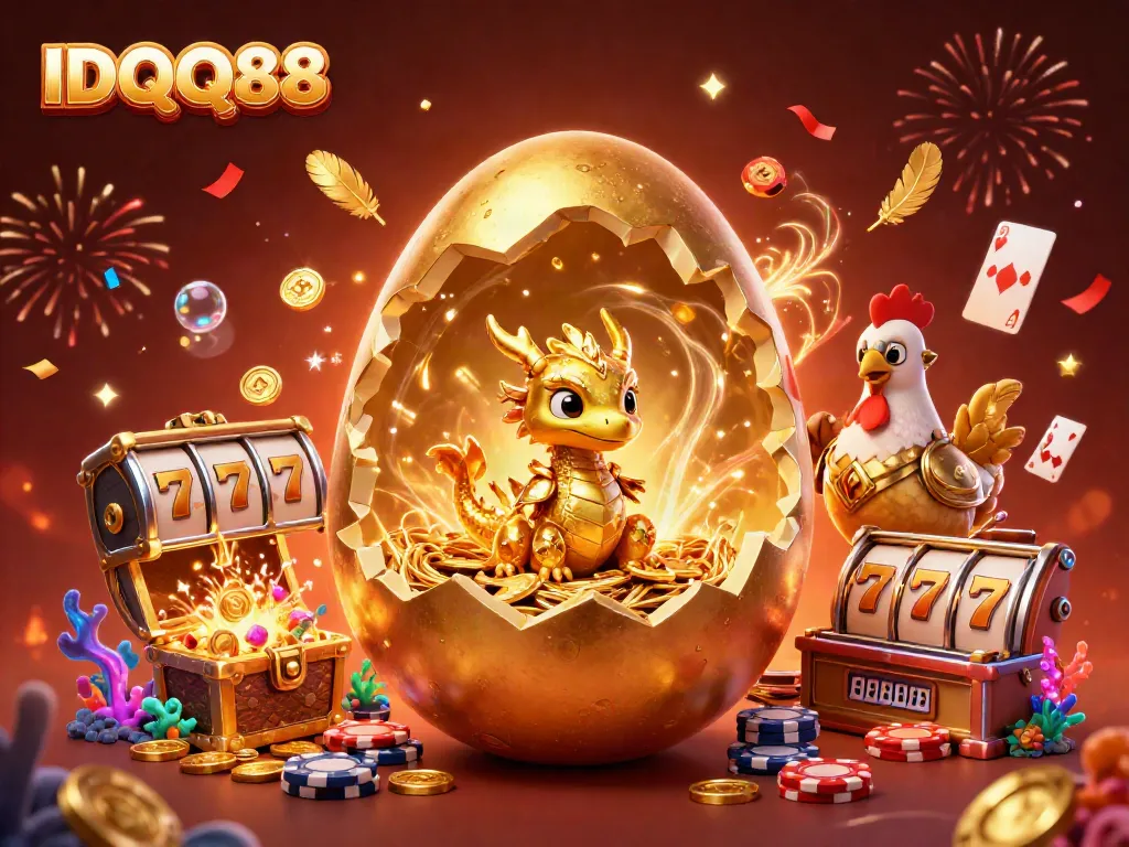 Experience the thrill of winning at IDQQ88 with glittering slots and a golden dragon.