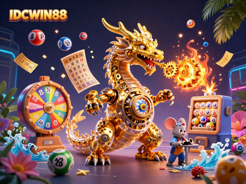 Experience thrilling gameplay with IDCWIN88, featuring a golden dragon, gears, and vibrant lottery elements.