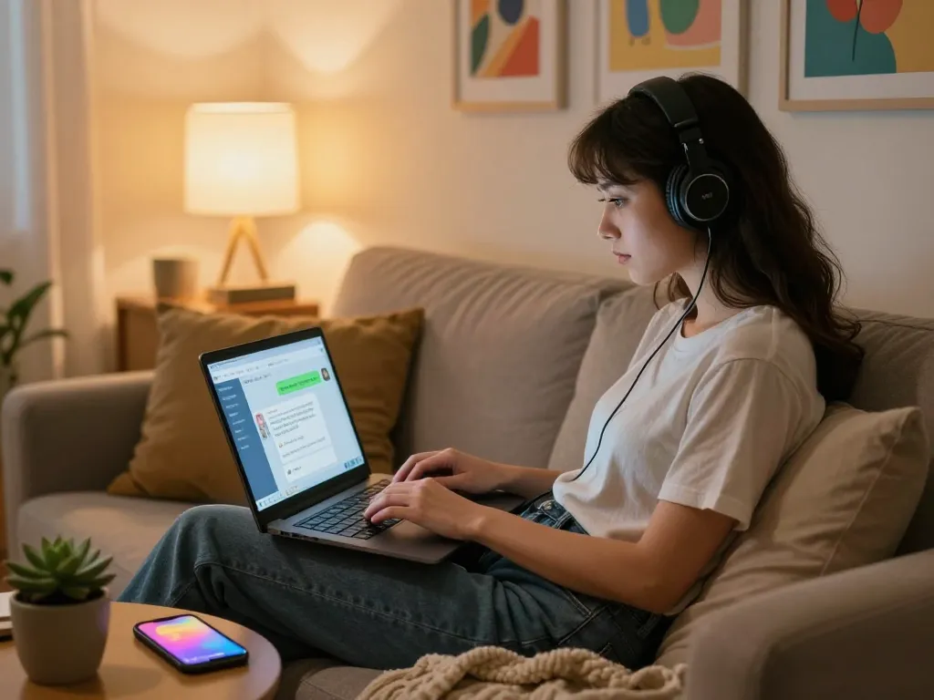 Engaging in ai sexting with a digital chatbot in a cozy home environment.