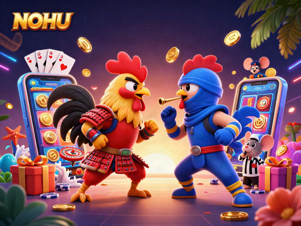 The NOHU casino scene features 3D cartoon roosters battling over exciting slot games, surrounded by vibrant casino elements.