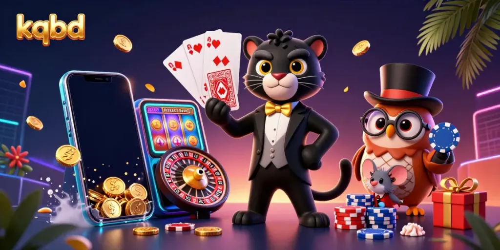 Engage with kqbd as our stylish panther deals cards, surrounded by playful gambling elements in a vibrant scene.