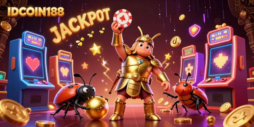 Experience the excitement of IDCOIN188 with an animated scene of a victorious beetle lifting a poker chip amidst colorful slot machines.