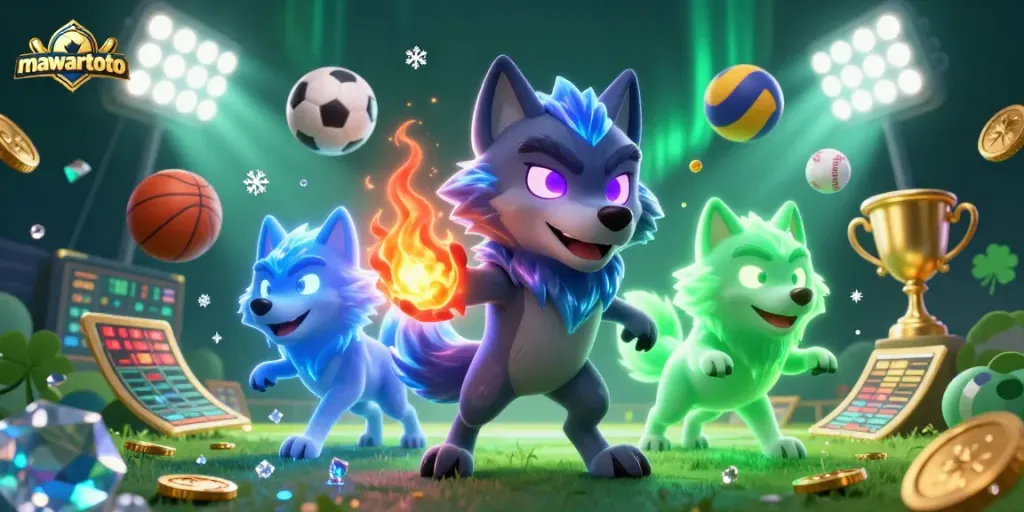 Mawartoto showcases a dynamic sports betting scene with mystical wolves, shimmering sports elements, and glowing details